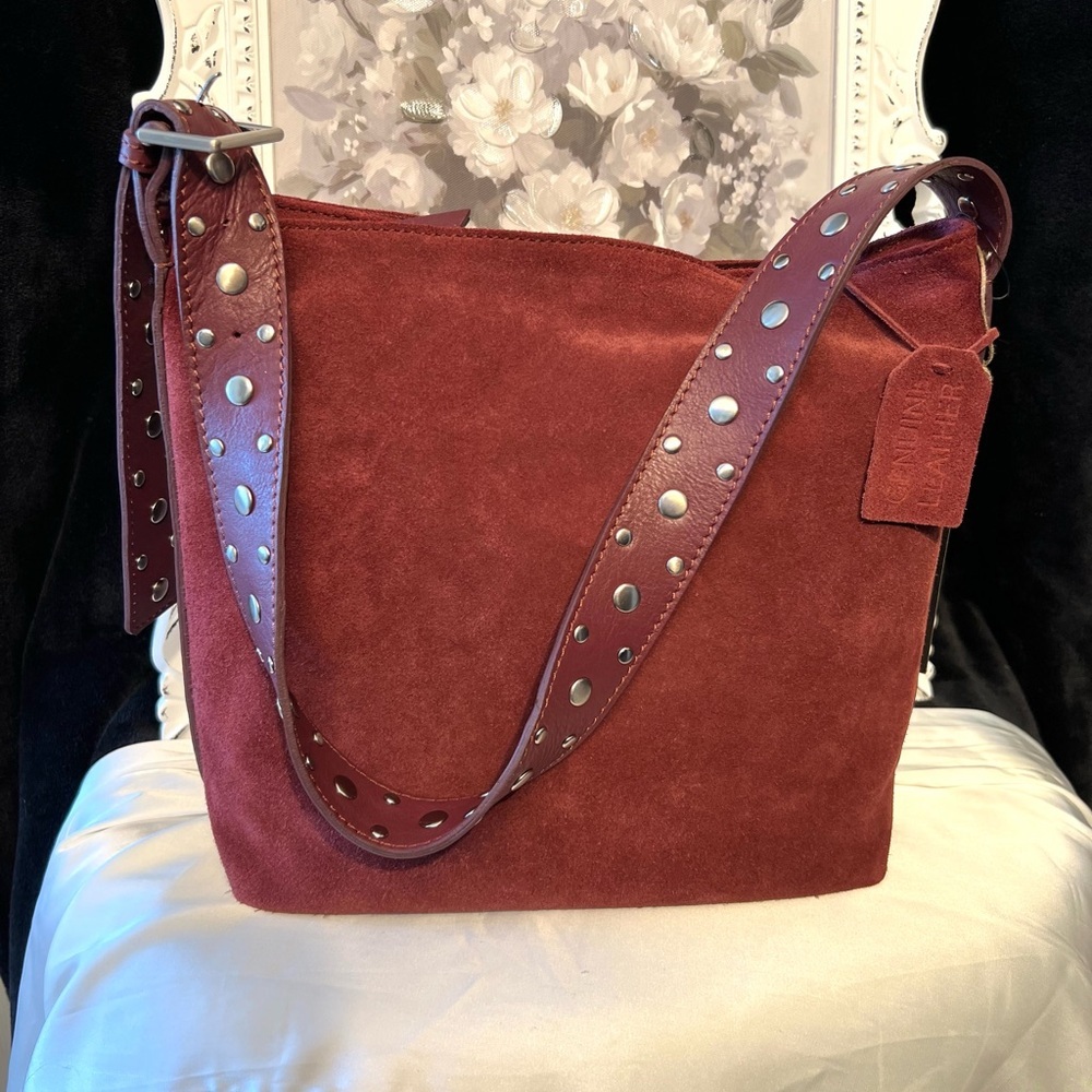 🍷MADE IN INDIA Suede Studded Hobo Elegant Burgundy Shoulder Bag🍷NWT - Picture 14 of 17